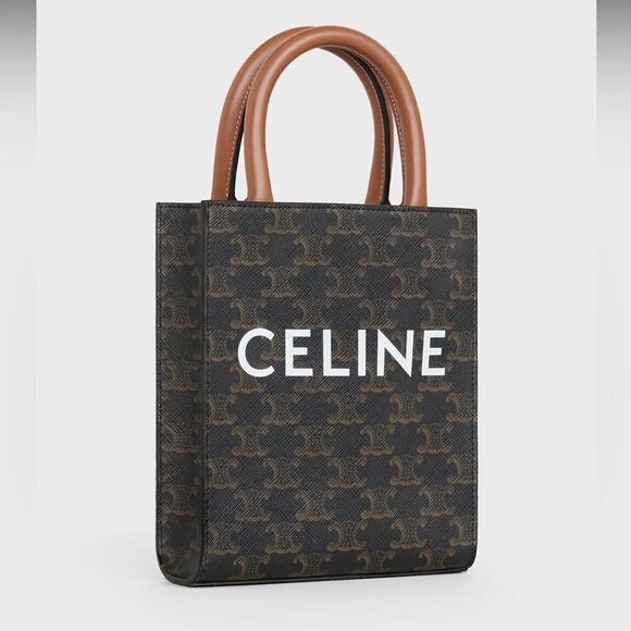 CELINE MINI VERTICAL CABAS IN TRIOMPHE CANVAS & CALFSKIN WITH CELINE PRINT TAN - Picture 2 of 10